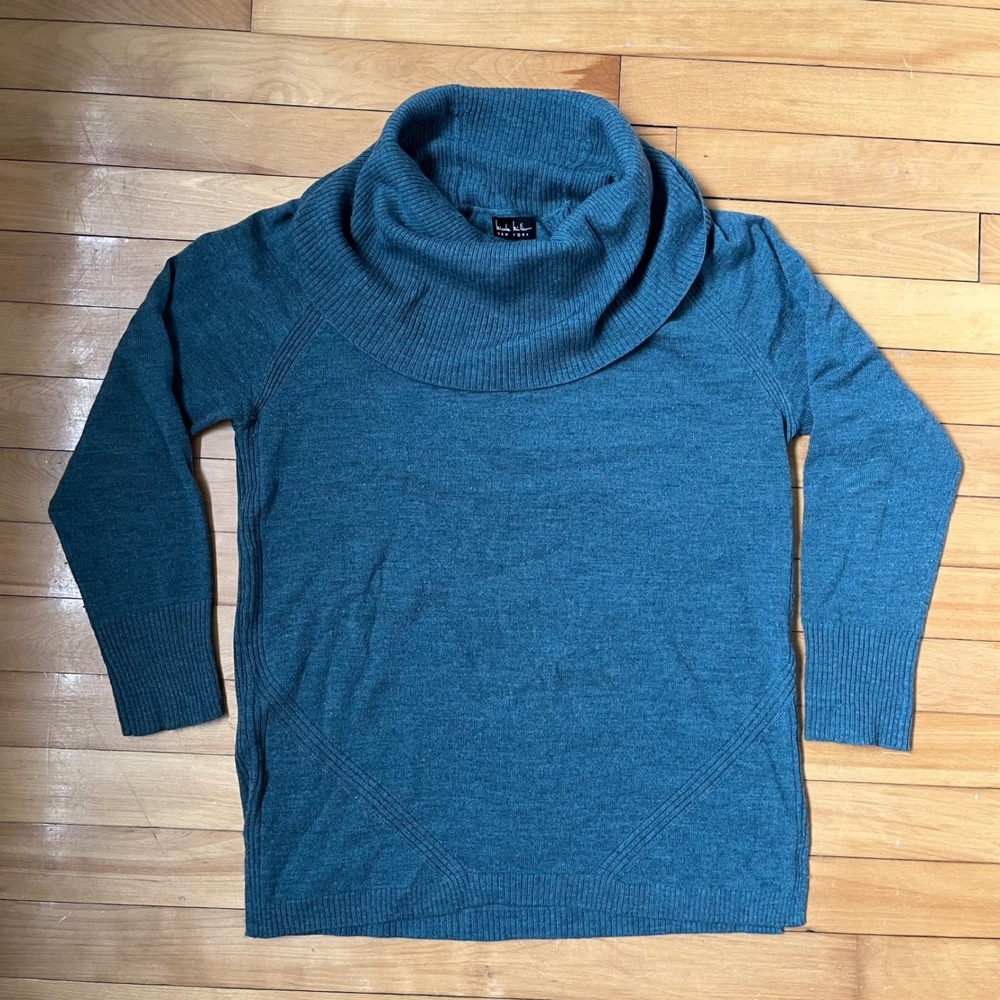 Nicole Miller New York Teal 100% Extra Fine Merino Wool Cowl Neck Sweater Small